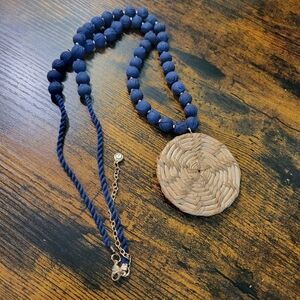 Blue Fabric & Tan Wicker Beaded Necklace 36" Gold Tone Chain & Beads Preowned